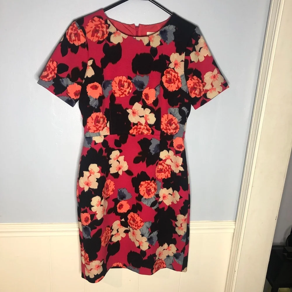 J Crew Dress Womens 6 Magenta Navy Coral Ivory Floral Crepe Short Sleeve Sheath